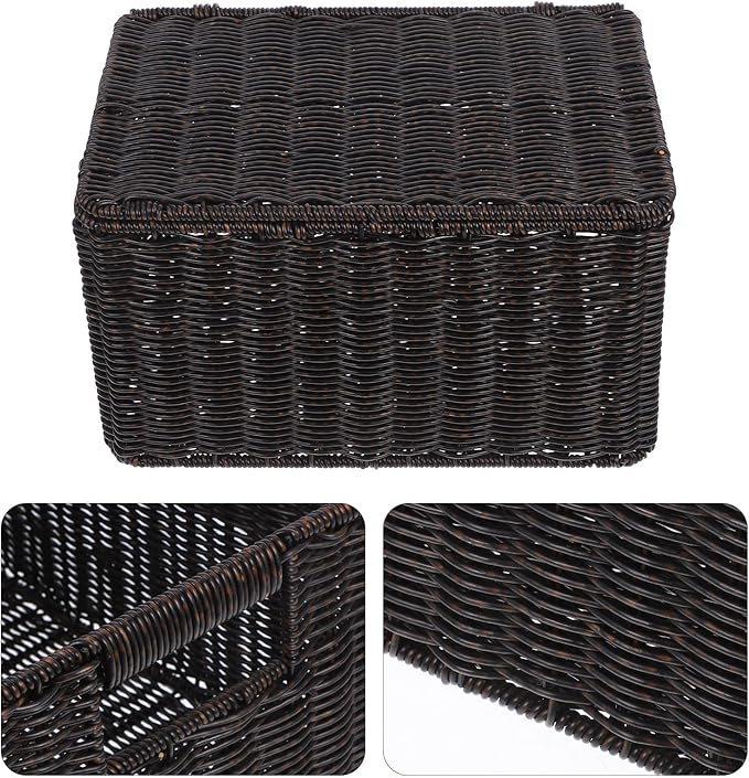 Angoily Lidded Storage Basket 33x22.5x18.5cm Simulated Rattan Woven Closet Organizer Storage Bin for Clothing