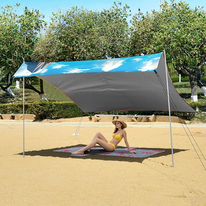 Beach Canopy with Windproof Ropes &amp Sandbags Beach Tent Sun Shade Sun Shelter for Camping Trips Fishing Backyard Fun or Picnics Autumn