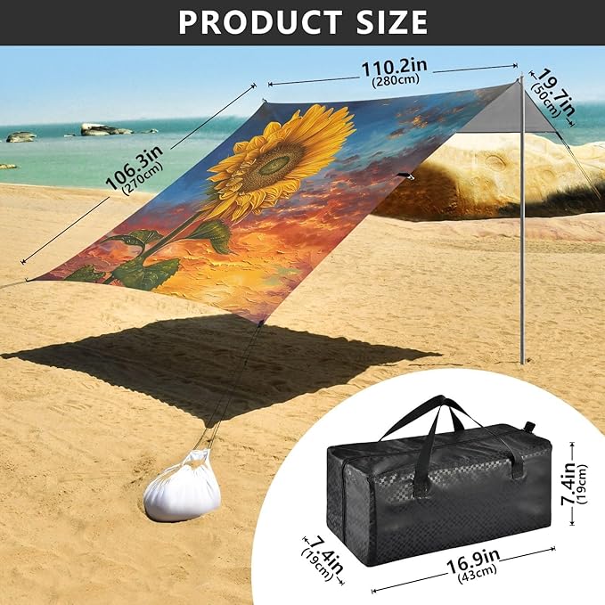 ALAZA Sunflower Beach Tent Sun Shelter UPF50+ Protection Beach Shade Canopy w/ 4 Sandbags for Outdoor Camping Fishing Backyard Fun Picnic 10x9 ft