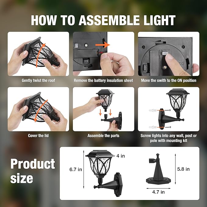 TISEJOY Solar Wall Lights Outdoor Waterproof Warm White Solar Powered Decorative Lights with Auto On/Off for Garden Fence Patio House Backyard Decor (4 Pack)