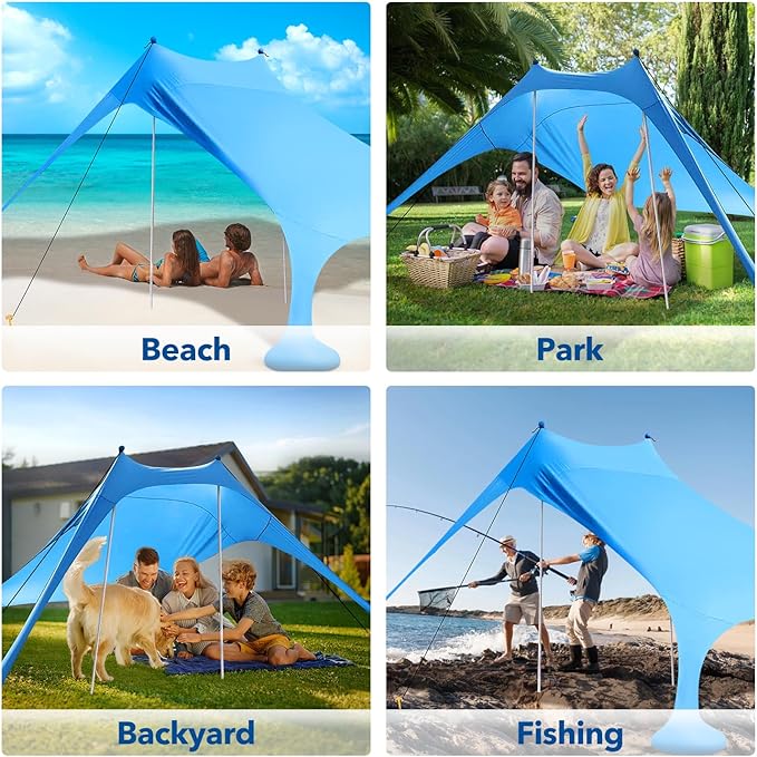 Beach Tent Shade Canopy with UPF50+ Protection Sun Shelter Umbrella Portable Camping Tents with Sandbags Poles and Ground Pegs and Anti-Wind Ropes for Beach Outdoor Camping Backyard Picnics 7.5X7.5Ft