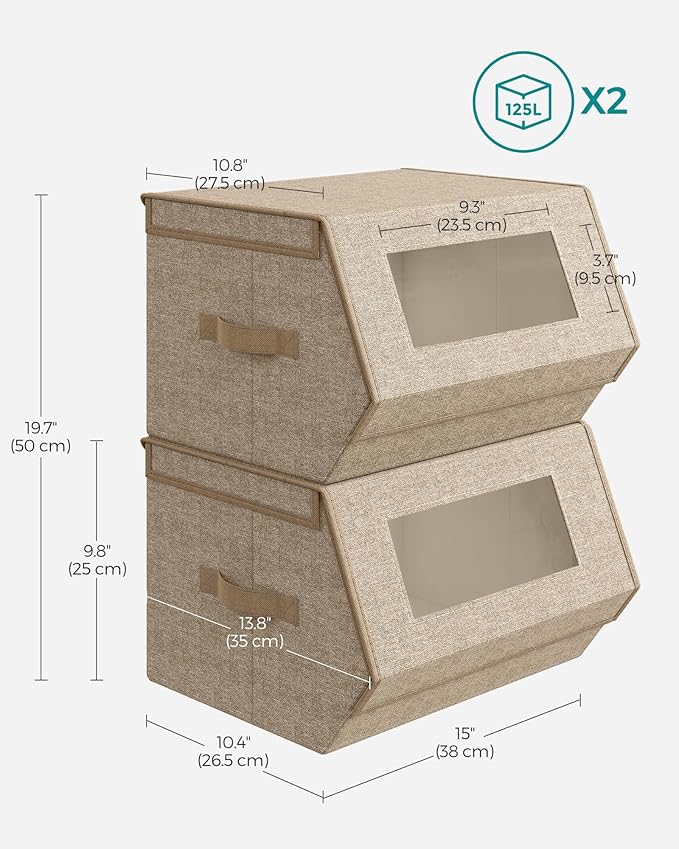 SONGMICS Stackable Storage Bins Set of 2 Storage Boxes with Lids and Front Windows Non-Woven Fabric Closet Organizers with Magnetic Closures Side Handles Sand Beige URLB002Y01