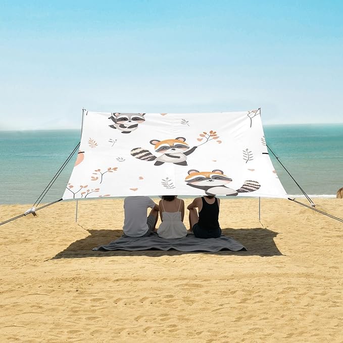 ALAZA Cute Raccoons and Balloon Beach Tent Sun Shelter Portable Canopy Sunshade for Outdoor Camping Picnics Backyard Fun 10x9 ft