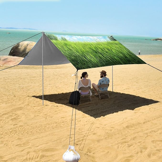 Spring Meadow Scene Beach Tent Sun Shelter Set UPF50+ UV Protection 10.5 x 9.19 FT Camping Shade Canopy with Sandbags Sand Anchors Carrying Bag and Others