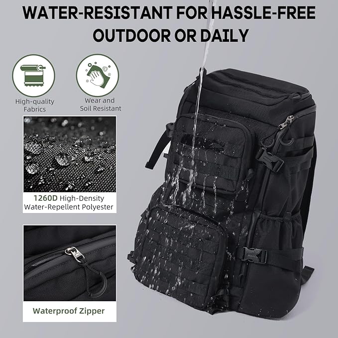 Timeet Tactical Backpack 45L for Men Military Backpack 3 Day Assault Pack with U-Shaped Wide Opening Water-Resistant Hiking Backpack for Travel Camping Survival Molle System (Black 20 Inch)