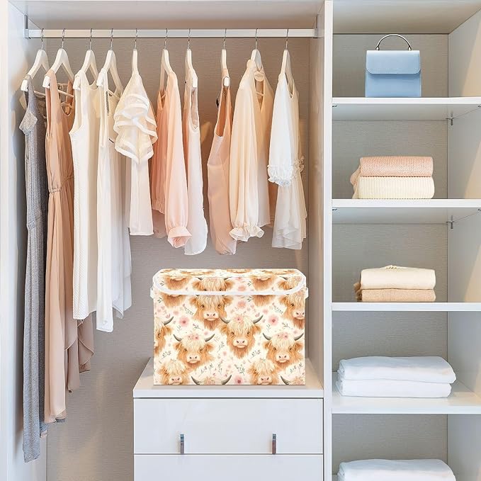Storage Cube with Lid Cartoon Cattles Print 16.5×12.6×11.8 IN 1 Pack Collapsible Large Capacity Foldable Storage Basket Bin Organizer