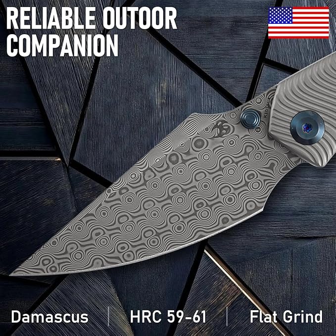 KANSEPT Fenrir Pocket Knife 3.48 Damascus Blade with Flipper and Thumb Stud Frame Lock for Camping Outdoor with Beadblasted Titanium Handle and Micro-Milled Water Ripple Texture K1034C4
