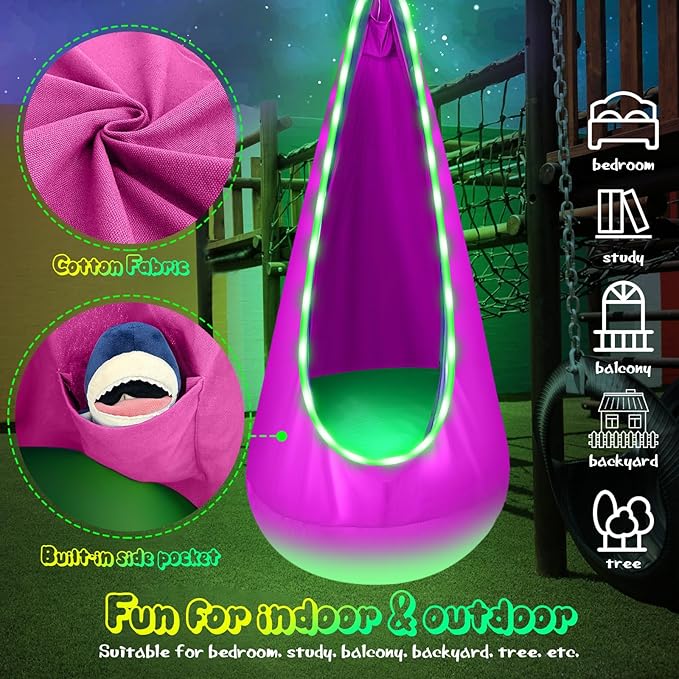 Light Up Kids Pod Swing Seat Upgraded Kids Hanging Hammock Swing with LED Lights Cotton Sensory Pod Swing Chair with Inflatable Pillow Pod Swing for Kids Indoor &amp Outdoor (1 PCS) (Pink)