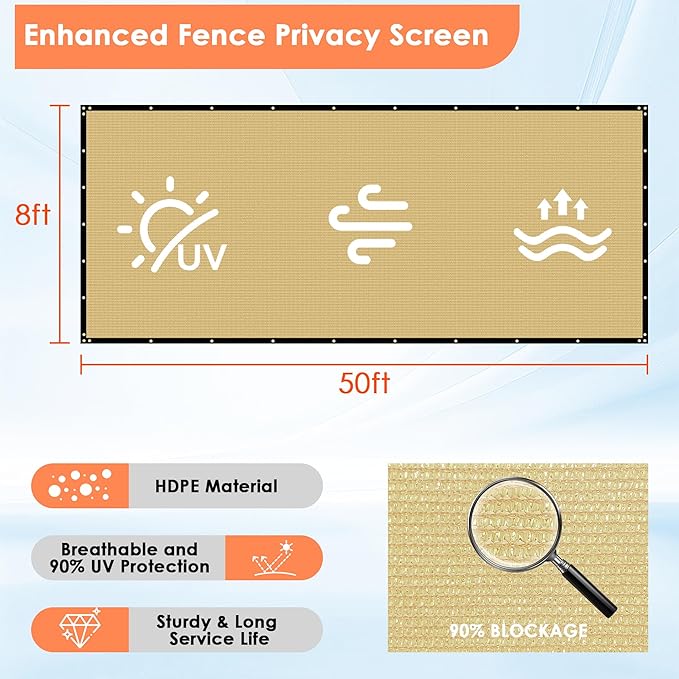 iCover 8x50ft Privacy Screen Fence Outdoor Fencing Panels Garden Windscreen Mesh Shade Sail Net Barrier Include Reinforced Bindings and Brass Grommets Cable Zip Ties Sand