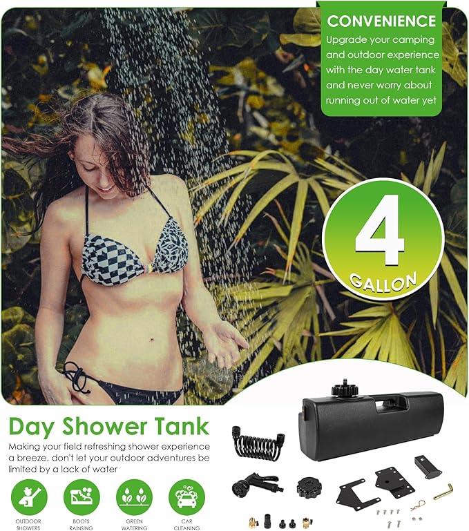4.0 Gallon Self-Pressurized Water Tank Portable Camping Shower Water Storage with Spray Hose Bumper Mount or Bed Mount for Pick-up Trucks &amp Off-Road Vehicles Outdoor Activities Water Supply