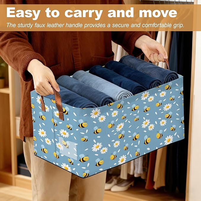 32L Large Storage Bins with Handles Basket Organizer for Shelves Closet Books Laundry &amp Home Decor (Bee Daisy)