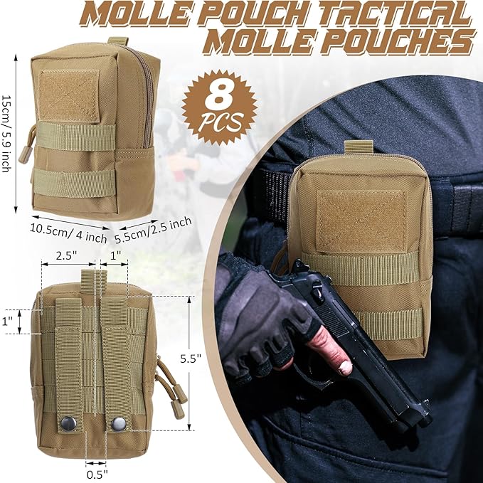 Cunno 8 Pcs Molle Pouches Tactical Molle Pouch Vest Pouch Cell Phone Belt Pouch Waterproof Waist Bag Pack Utility EDC Pouch Bag Compact Accessories Gadget Pocket Organizer
