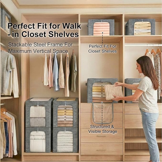 GoMaihe Clothes Storage Bins Metal Frame: 55L Extra Large Stackable Closet Storage Bin with Lid &amp Clear Window Heavy Duty Blanket Box for Winter Coats Comforters (Fits Deep Closet 4-Pack)