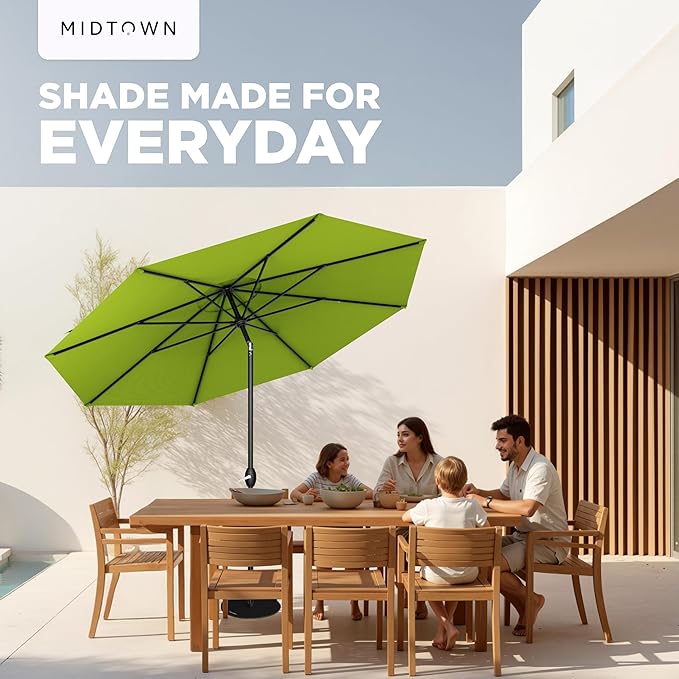 Midtown Umbrellas - 10-Year-No-Fade 9 Ft Patio Umbrella with Terylast Fabric Auto-Tilt Aluminum Frame and 8 Reinforced Ribs for Deck Pool Garden &amp Beach - Pear Green Canopy Black Pole