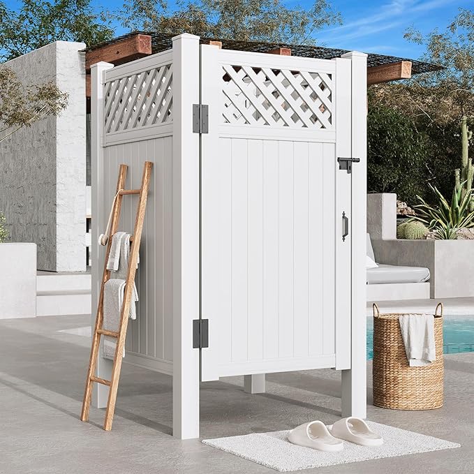 EROMMY 80.75H x 45.75W x 45.75L White PVC Outdoor Shower Enclosure with Door Weatherproof Privacy Stall for Pool &amp Beach Durable Vinyl Construction(Grid-panel)