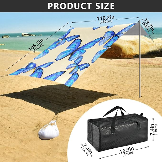 Beach Canopy with Windproof Ropes &amp Sandbags Beach Tent Sun Shade Sun Shelter for Camping Trips Fishing Backyard Fun or Picnics Butterfly