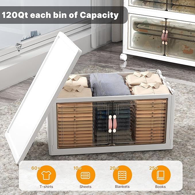 UAMFURI Stackable Storage Bins with Lids Extra Large Plastic Organizer Cabinet Drawers 448QT Collapsible Closet Containers with Doors and WheelsFor Bedroom Office Garage(4Pack Cube)