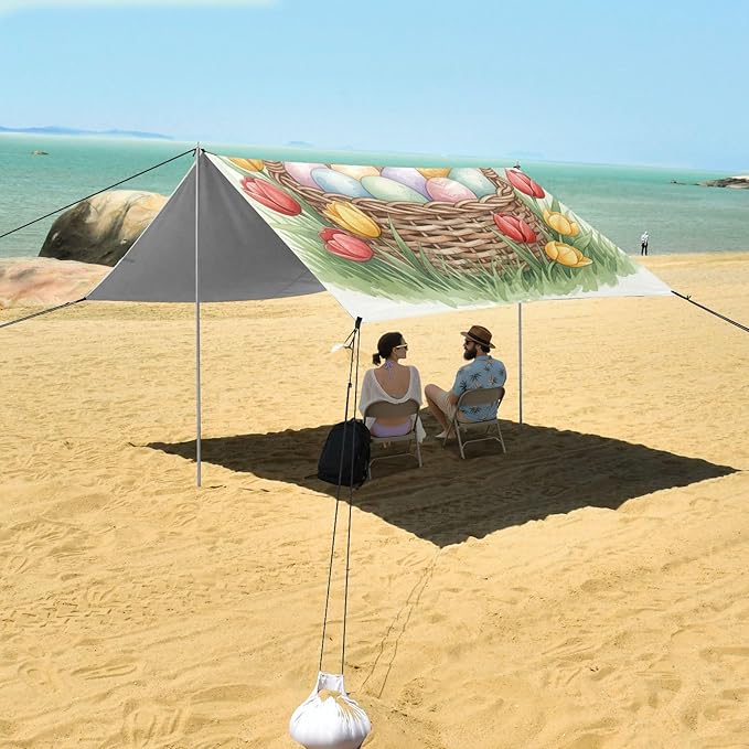 Beach Canopy with Windproof Ropes &amp Sandbags Beach Tent Sun Shade Sun Shelter for Camping Trips Fishing Backyard Fun or Picnics Easter Bunny
