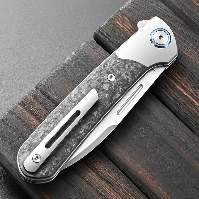 Sitivien ST995 Folding KnifeHandmade M390 Pearlescent Polishing Blade Titanium &amp Carbon Fiber Handle EDC Tool Knife for Outdoor Camping Hiking Survival(Gray)