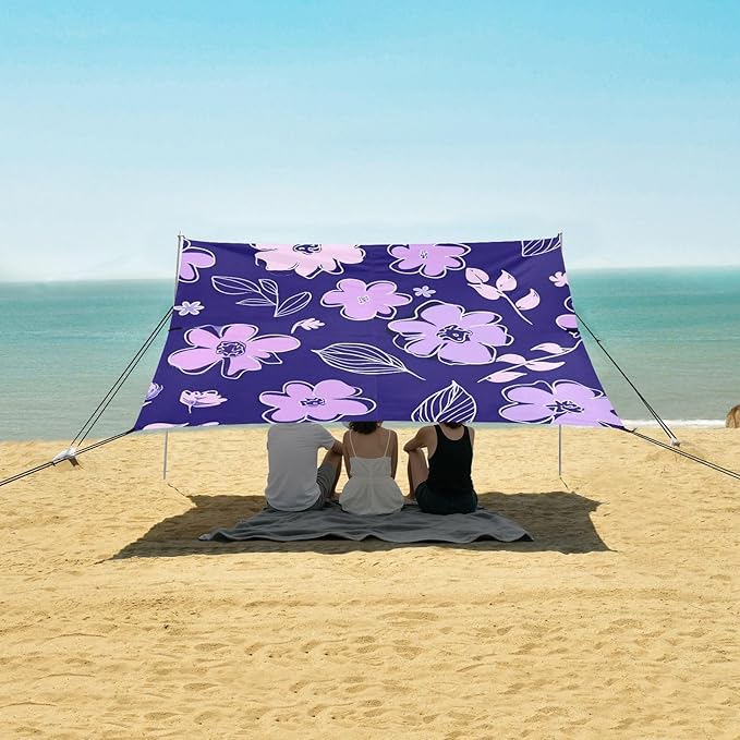 Beach Canopy with Windproof Ropes &amp Sandbags Beach Tent Sun Shade Sun Shelter for Camping Trips Fishing Backyard Fun or Picnics Purple Flowers