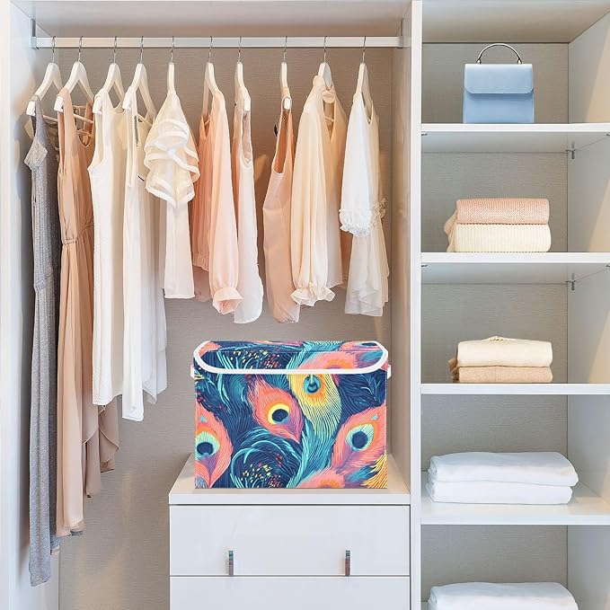 Storage Cube with Lid Pattern Feather Print 16.5×12.6×11.8 IN Collapsible Large Capacity Foldable Storage Basket Bin Organizer