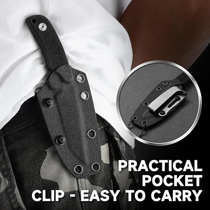 Omesio Tanto Neck Knife Small Fixed Blade Knife with Kydex Sheath and Clip Full Tang 6 Neck Knife with Sheath and Necklace Mini Tactical EDC Knife D2 Steel G10 Handle(White Steel+ Black Handle)