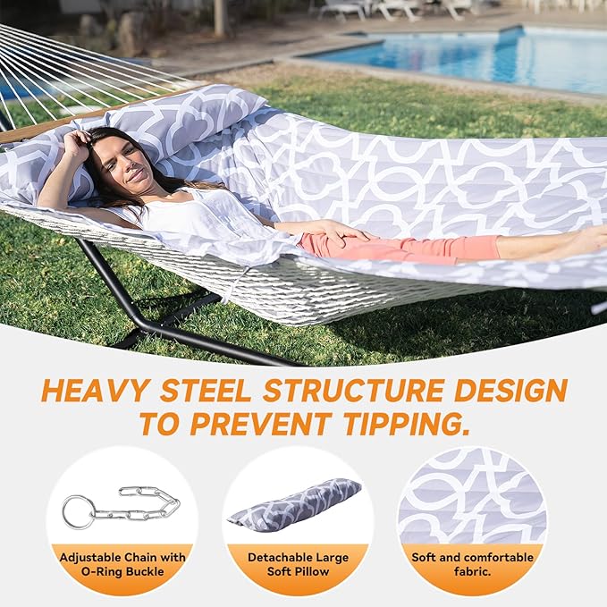Everyfun 2 Person Outdoor Hammock with Stand Cotton Rope Hammock with Polyester Pad Adjustable Steel Frame Portable with Carrying Bag – for Patio Backyard Garden Beach Cloud-Gray