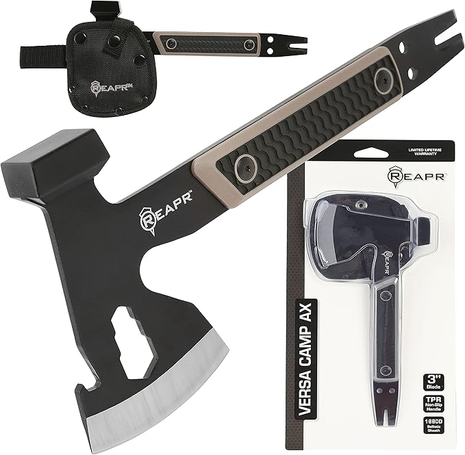 Reapr 11014 Versa Camp Axe Multitool with Pry Bar Nail Puller Hammer Wrench Set Bottle Opener 10.75 Length Survival Tools and Outdoor Accessories Black