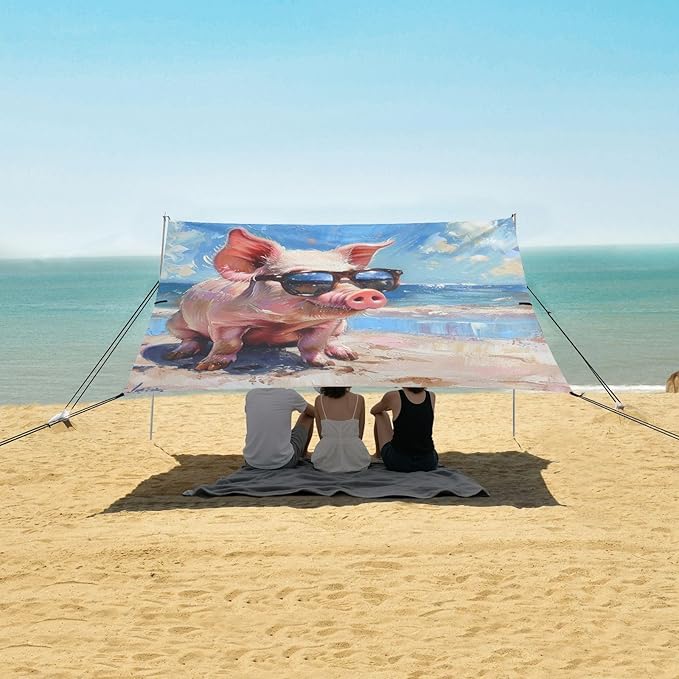 ALAZA Oil Painting Funny Pig on The Beach Beach Tent Sun Shelter Portable Canopy Sunshade for Outdoor Camping Picnics Backyard Fun 10x9 ft