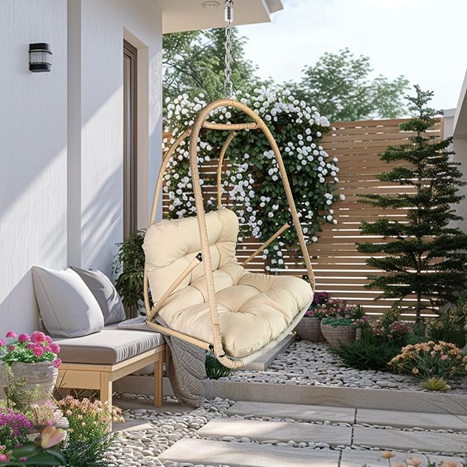 Without Stand Swing Egg Chair Indoor Outdoor Wicker Rattan Patio Basket Hanging Chair with C Type Bracket with Cushion and PillowPatio Wicker Folding Hanging Chair(Special Construction Cup Holder