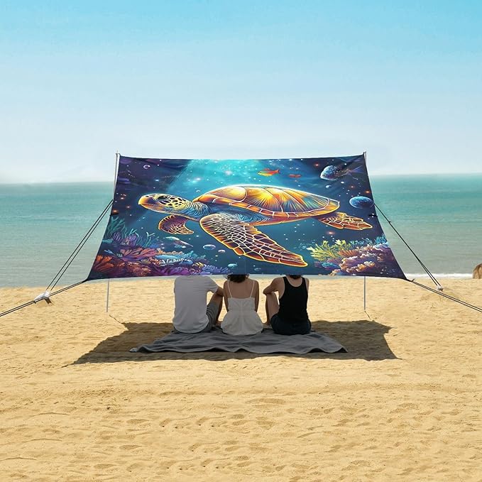ALAZA Colorful Sea Turtle Moon Beach Tent Sun Shelter Portable Canopy Sunshade for Outdoor Camping Picnics Backyard Fun 10x9 ft