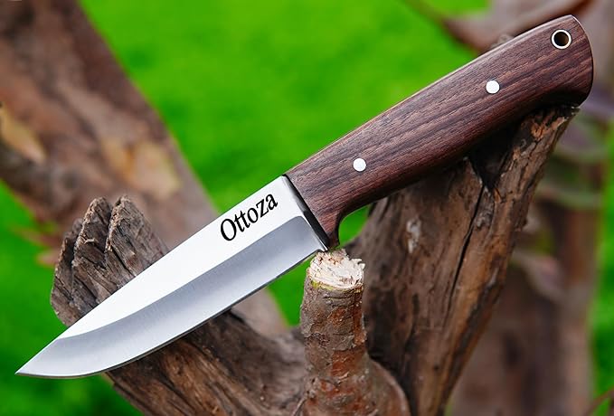 Ottoza Full Tang Bushcraft Knife with 1095 Carbon Steel Fixed Blade - Survival and Outdoor Camping Knife - Black Cross Draw Sheath and Walnut Wood Handle 397