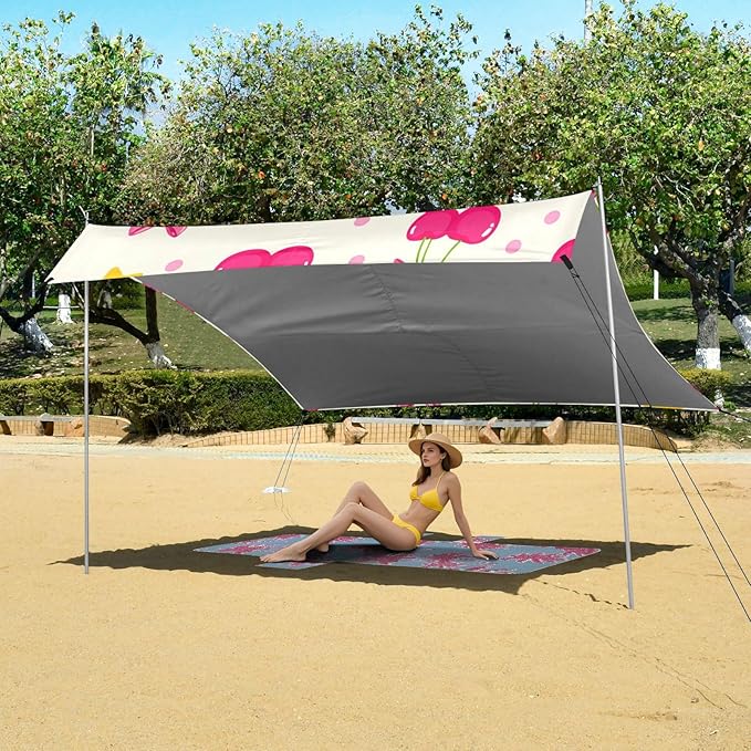 Beach Canopy with Windproof Ropes &amp Sandbags Beach Tent Sun Shade Sun Shelter for Camping Trips Fishing Backyard Fun or Picnics Cherry