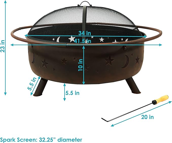 Sunnydaze Cosmic 42-Inch Large Outdoor Fire Pit - Wood-Burning Fire Pit with Round Spark Screen Poker and Built-in Grate