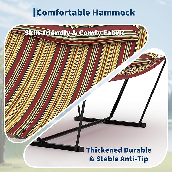 2 Person Outdoor Hammock with Stand 450LBS Capacity Heavy Duty Hammock with Carrying Bag &amp Soft Pillow Portable Indoor Outdoor Hammock Perfect for Backyard Patio Beach