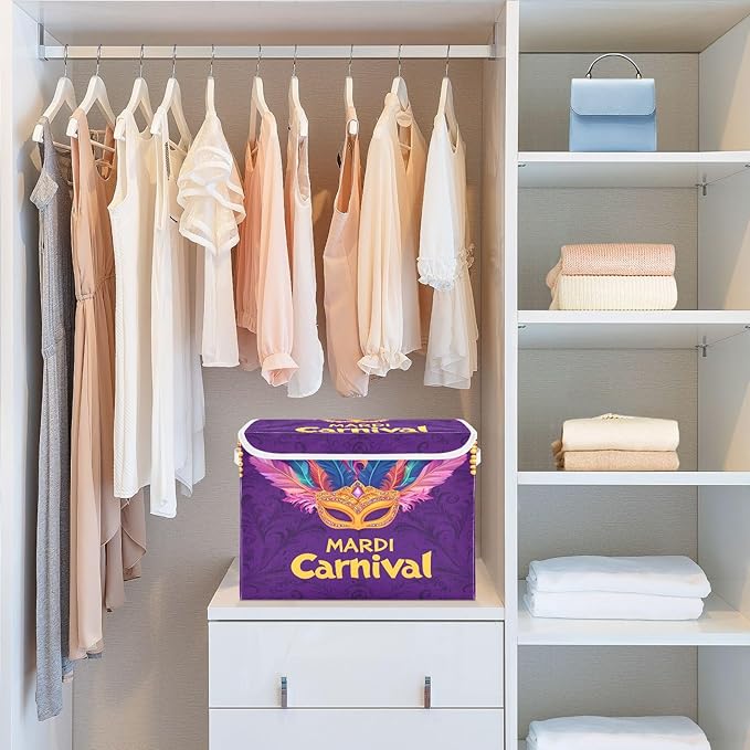 Storage Baskets with Lids Mardi Gras Carnival Mask Collapsible Bins Stackable Fabric Linen Baskets Closet Organizer Container 16.5x12.6x11.8
