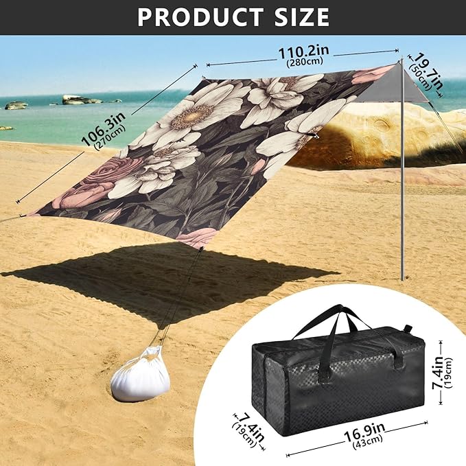 ALAZA Vintage Roses and Flower Beach Tent Sun Shelter Portable Canopy Sunshade for Outdoor Camping Picnics Backyard Fun 10x9 ft