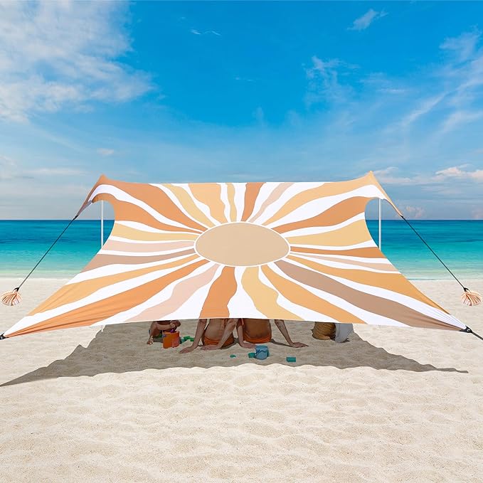 Beach Tent UPF 50+ Beach Canopy Sun Shade Portable 10×10 FT Large Pop-Up Beach Tent Sun Shelter with Sand Anchors Ground Pegs Easy Setup for Beach Camping Park and Backyard Fun - Sunflower