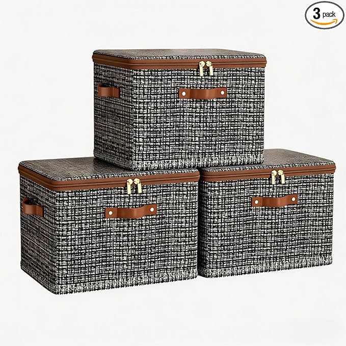 3 Pack 15.8 Quart Fabric Storage Bins with Lid 15x10.2x6.3 in Stackable Closet Organizer Baskets Foldable Polyester Cube Storage with Handles Decorative Organizer Boxes for Shelves Grey