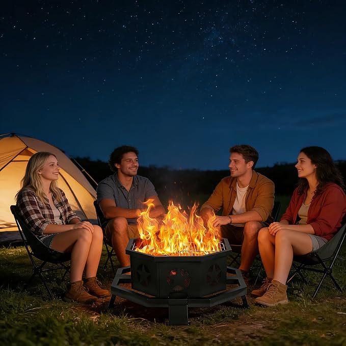 Hykolity 31 Inch Fire Pit Octagonal Outdoor Fire Pit 2 in 1 Wood Burning Fire Pits with Cooking Grill Smokeless FirePit for Outside Bonfire Patio Backyard Camping