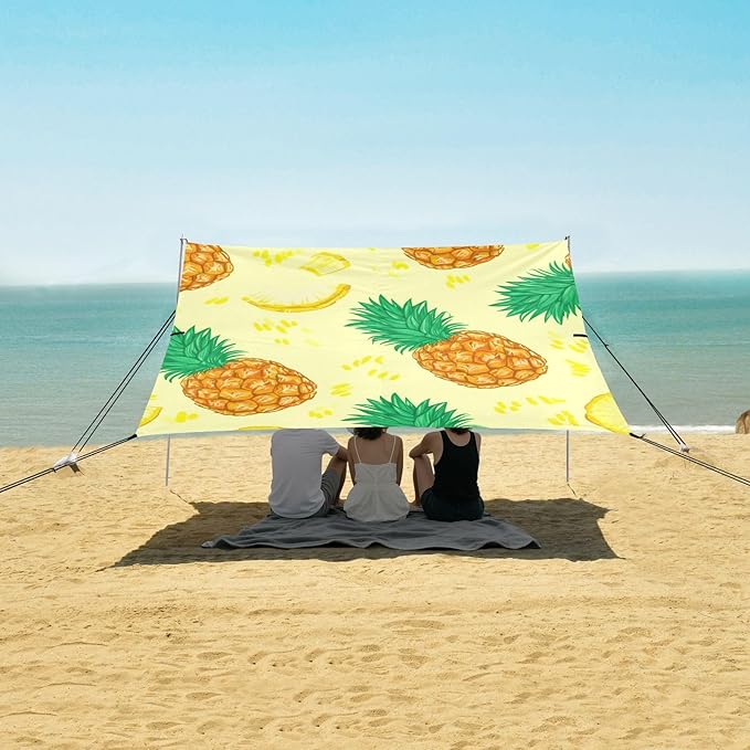 Beach Canopy with Windproof Ropes &amp Sandbags Beach Tent Sun Shade Sun Shelter for Camping Trips Fishing Backyard Fun or Picnics Pineapple
