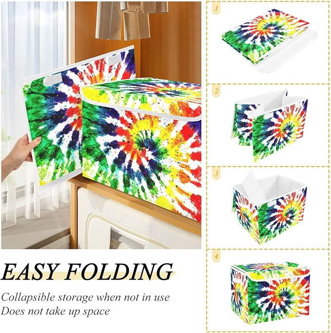 CaTaKu Large Fabric Storage Bins With LidsRainbow Tie Dye Storage Boxes With Handles for Organizing Clothes Collapsible Storage Cube Bins Baskets for Shelves