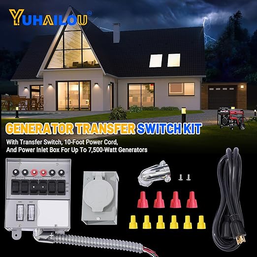 30 Amp Generator Transfer Switch Kit 6-Circuit 7500 Watts Include Weatherproof Inlet Box 10 Foot Power Cord watt Meters Indoor Surface-Mounted Use Replace 31406CWK