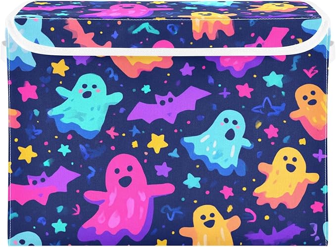 Storage Bins with Lids Storage Containers Box Organizer Bin Basket with Handles for Closet Shelves Clothes Stackable Foldable Decorative Neon Halloween Ghosts Stars Bats