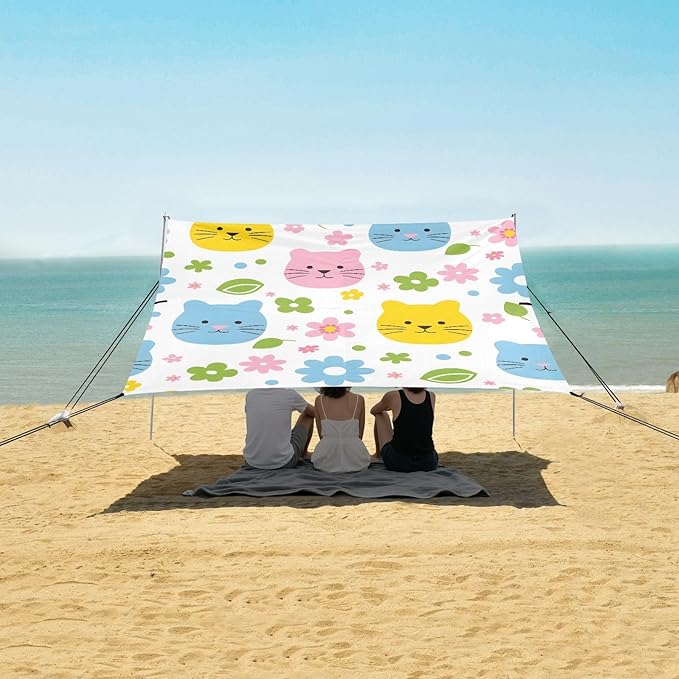 ALAZA Cat &amp Daisy Kitten Beach Tent Sun Shelter UPF50+ Protection Beach Shade Canopy w/ 4 Sandbags for Outdoor Camping Fishing Backyard Fun Picnic 10x9 ft