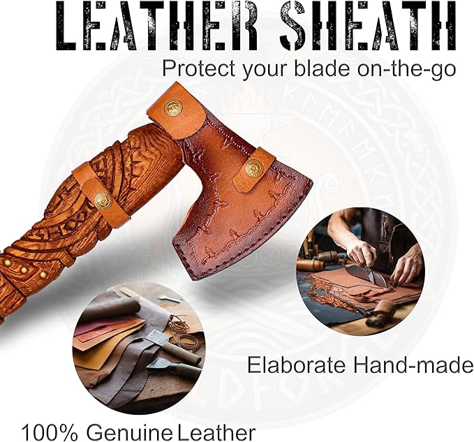 Hand Forged Viking Bearded Axe with Leather Sheath – Carbon Steel Blade Rosewood Handle – 13 Inch Nordic Axe Handmade Collectible for Him