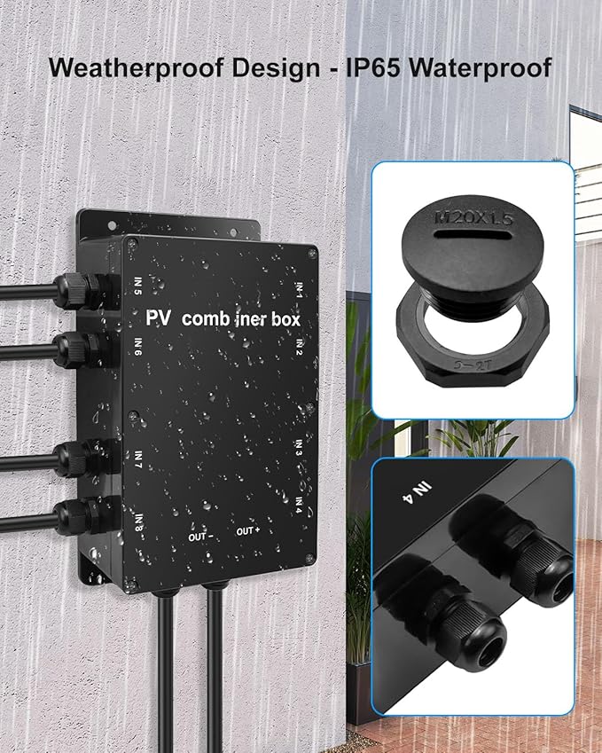 Roof Combiner Box for Solar Panels Weatherproof PV Combiner Box for RV and Off-Grid/Grid-Connected Solar Systems 8 in 1 Out Solar Panel Connection Box IP68 Waterproof