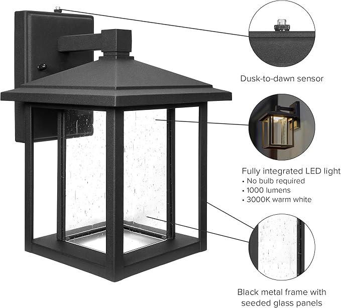 Maxxima LED Outdoor Wall Light Seeded Glass Home Entryway Lighting Dusk to Dawn Photocell Sensor Porch Light 1000 Lumens 3000K Warm White - 11.5 in. Height