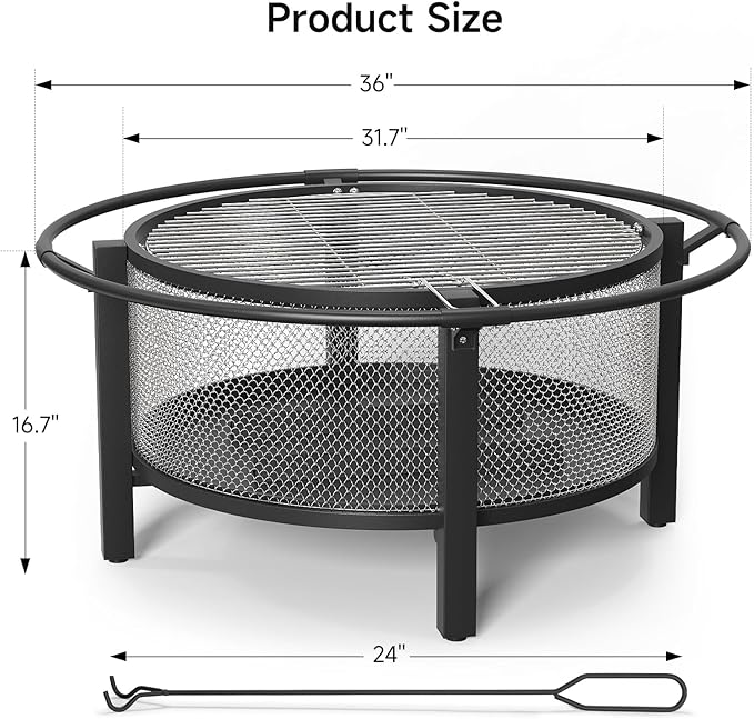 ONBRILL 2-in-1 36 Inch Fire Pit with Cooking Grill Outdoor Wood Burning Firepit with Poker for BBQ Bonfire Picnic Party Round Metal Fire Pit for Outside Backyard Patio