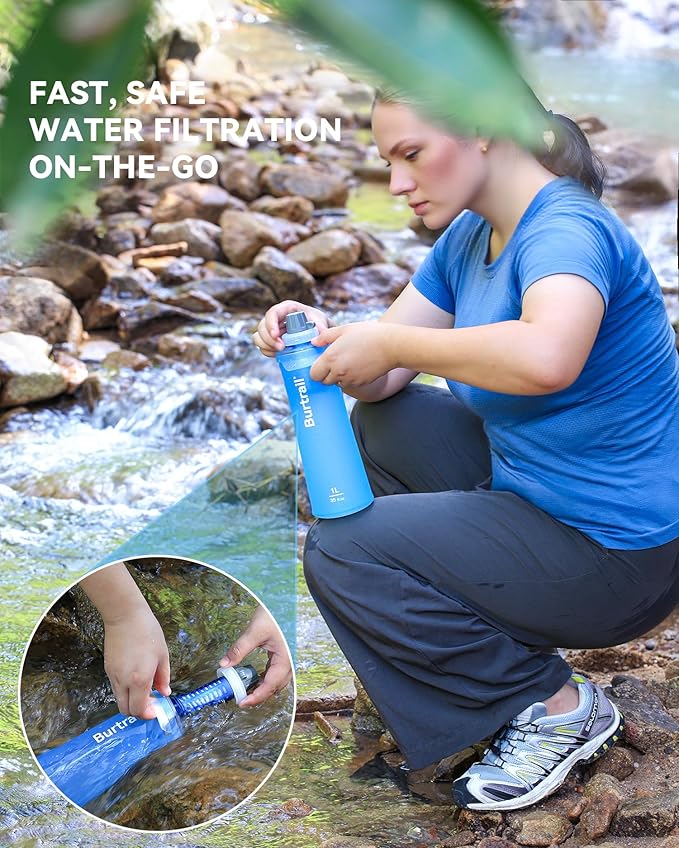 1.0L Collapsible Water Filter Bottle BPA-Free Ultralight &amp Durable Squeeze Bottle with 42mm Filter Cap Cartridge Filtered Water Bottle for Camping Hiking Backpacking Survival &amp Travel